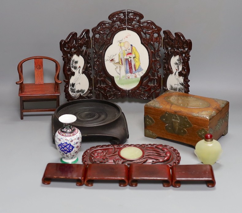 A group of Chinese wood stands, box, model chair, snuff bottle etc